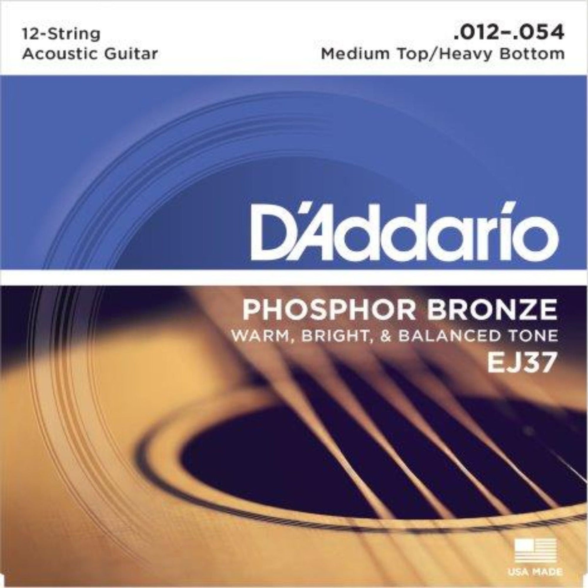 EJ37, D'Addario's medium top/heavy bottom 12-String acoustic set features the playability of a medium gauge set with the enhanced volume and projection of heavy gauge bottom strings, ideal for aggressive fingerstyle playing.