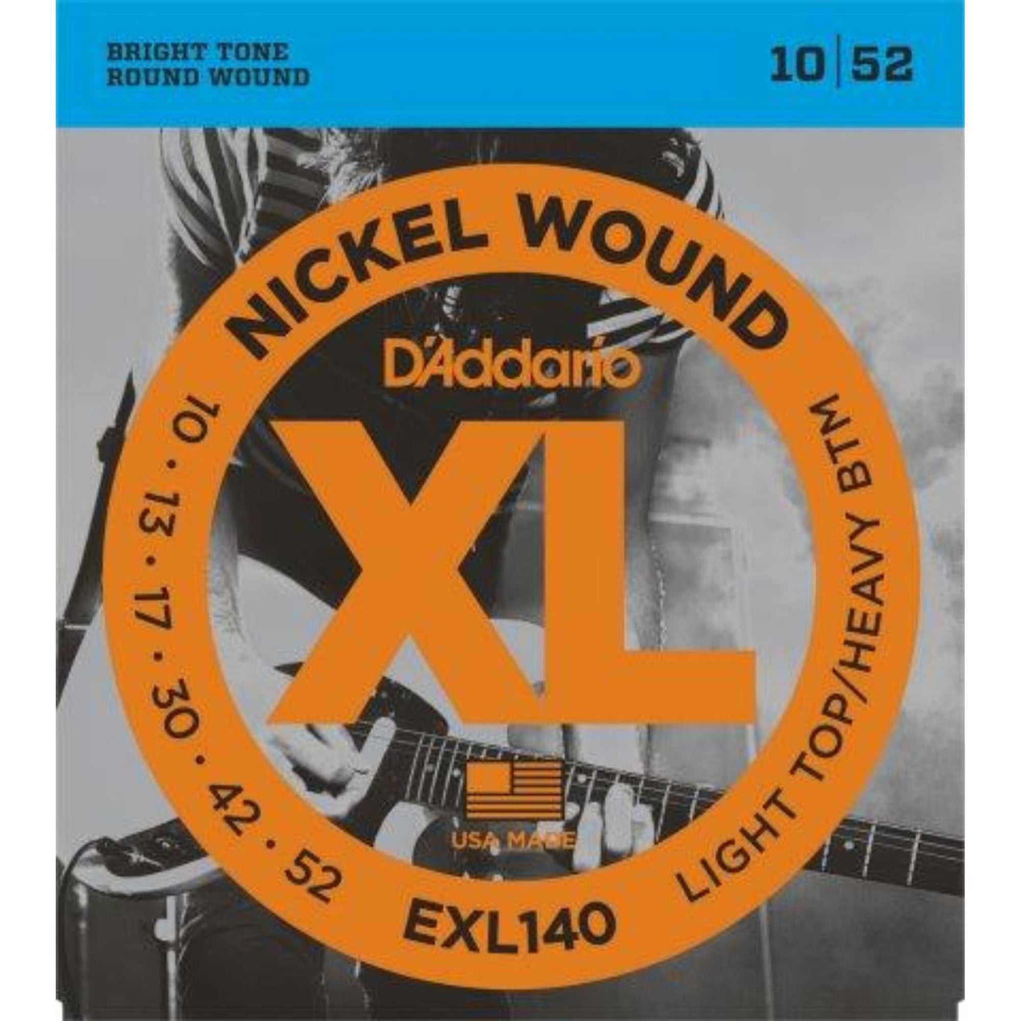 The D'Addario EXL140's is one of D'Addario's most popular hybrid sets. The combination of light highs and heavy lows delivers powerful low end for heavy chording and flexible plain steel strings for bending. Optimized for down or drop tuning!