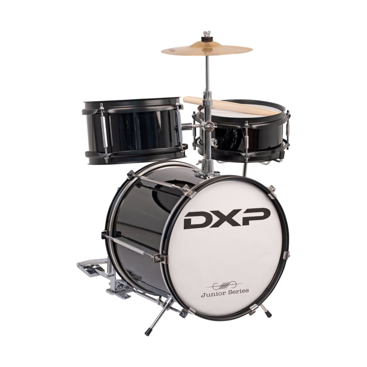 DXP Junior Drum Kit features a 12&quot;x10&quot; Bass Drum, 8&quot;x4 1/2&quot; Tom Tom 8&quot; x 3 1/2&quot; Snare drum on stand, 8&quot; Cymbal Bass and drum pedal. It is perfect for the youngest of drummers. 