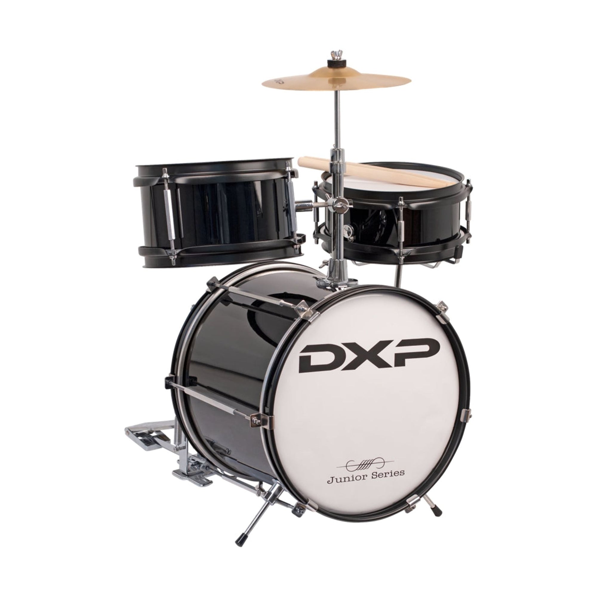 DXP Junior Drum Kit features a 12"x10" Bass Drum, 8"x4 1/2" Tom Tom 8" x 3 1/2" Snare drum on stand, 8" Cymbal Bass and drum pedal. It is perfect for the youngest of drummers. 