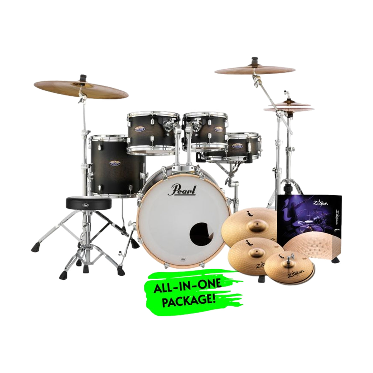 Pearl Decade Maple 22 Inch Fusion Plus Drum Kit Increda-Bundle Satin Black Burst