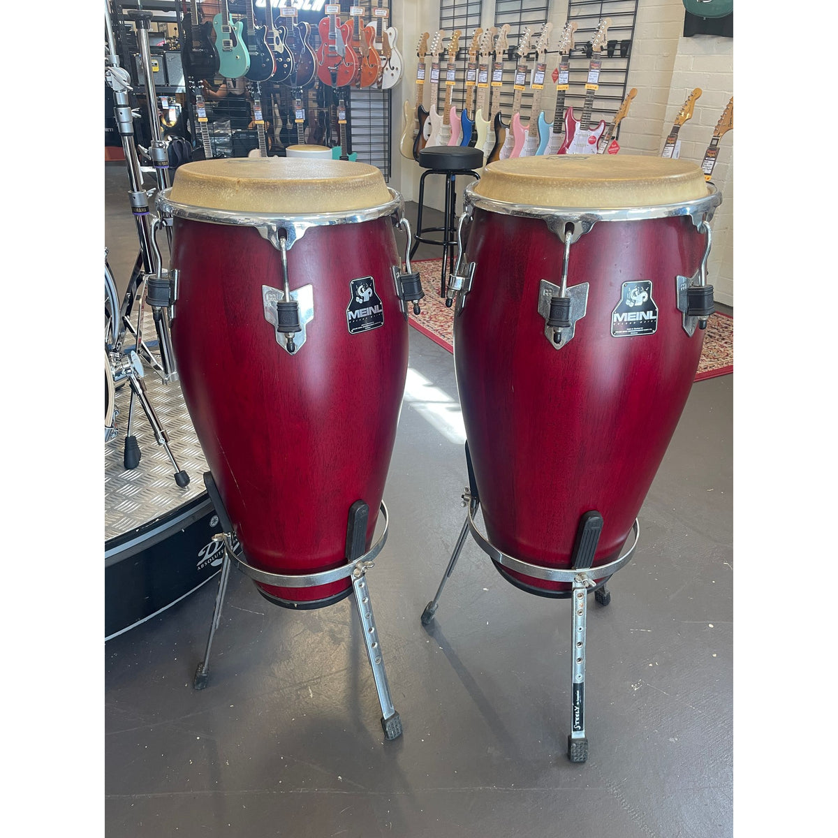 Used Meinl Conga Set 11 and 12 Inch Red with Stands and Gig Bags