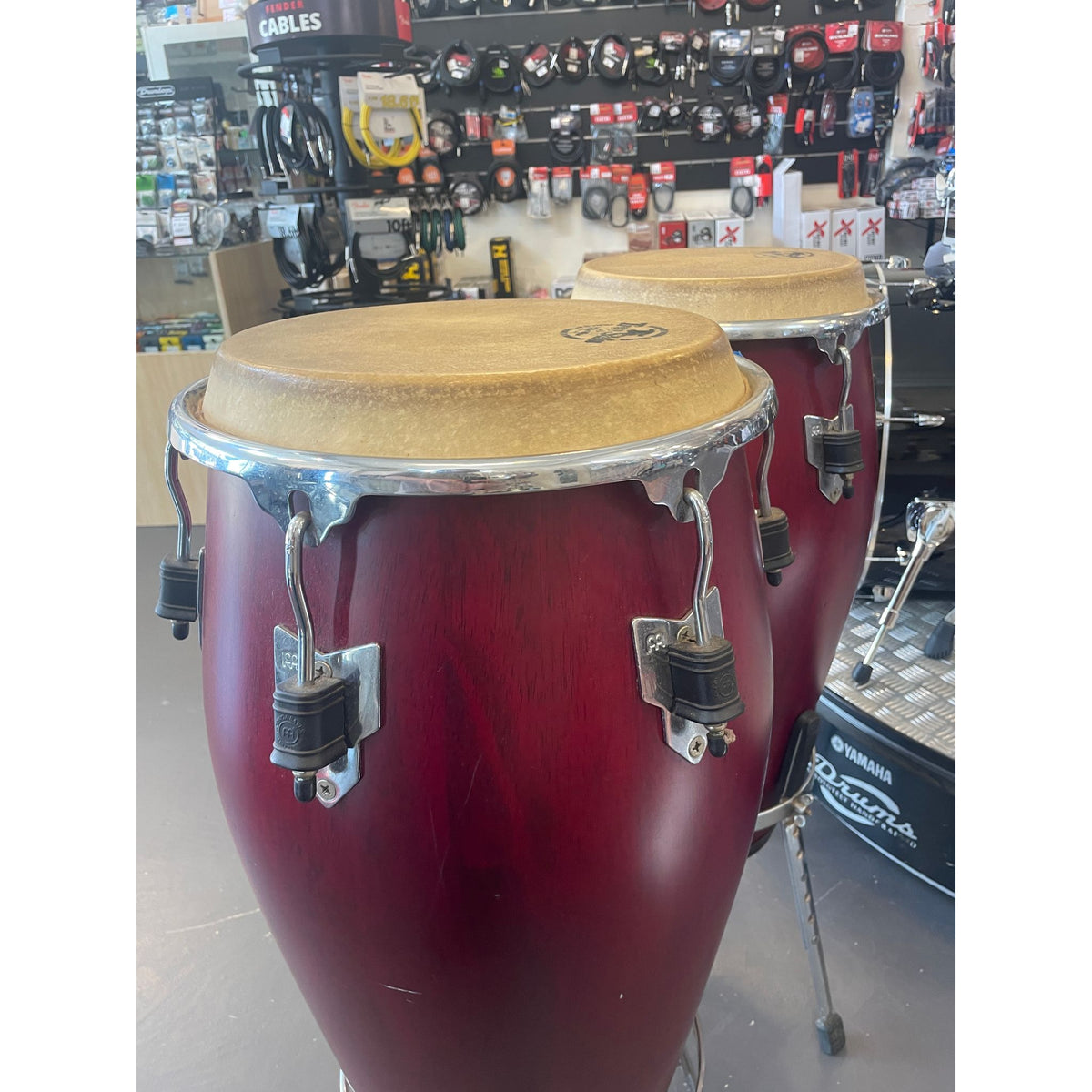 Used Meinl Conga Set 11 and 12 Inch Red with Stands and Gig Bags
