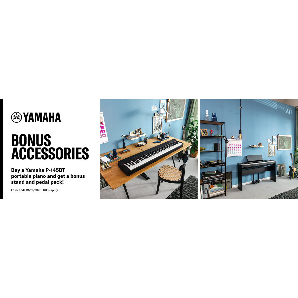 Yamaha P-145BT Digital Piano Portable Black with Bonus Stand and Pedal