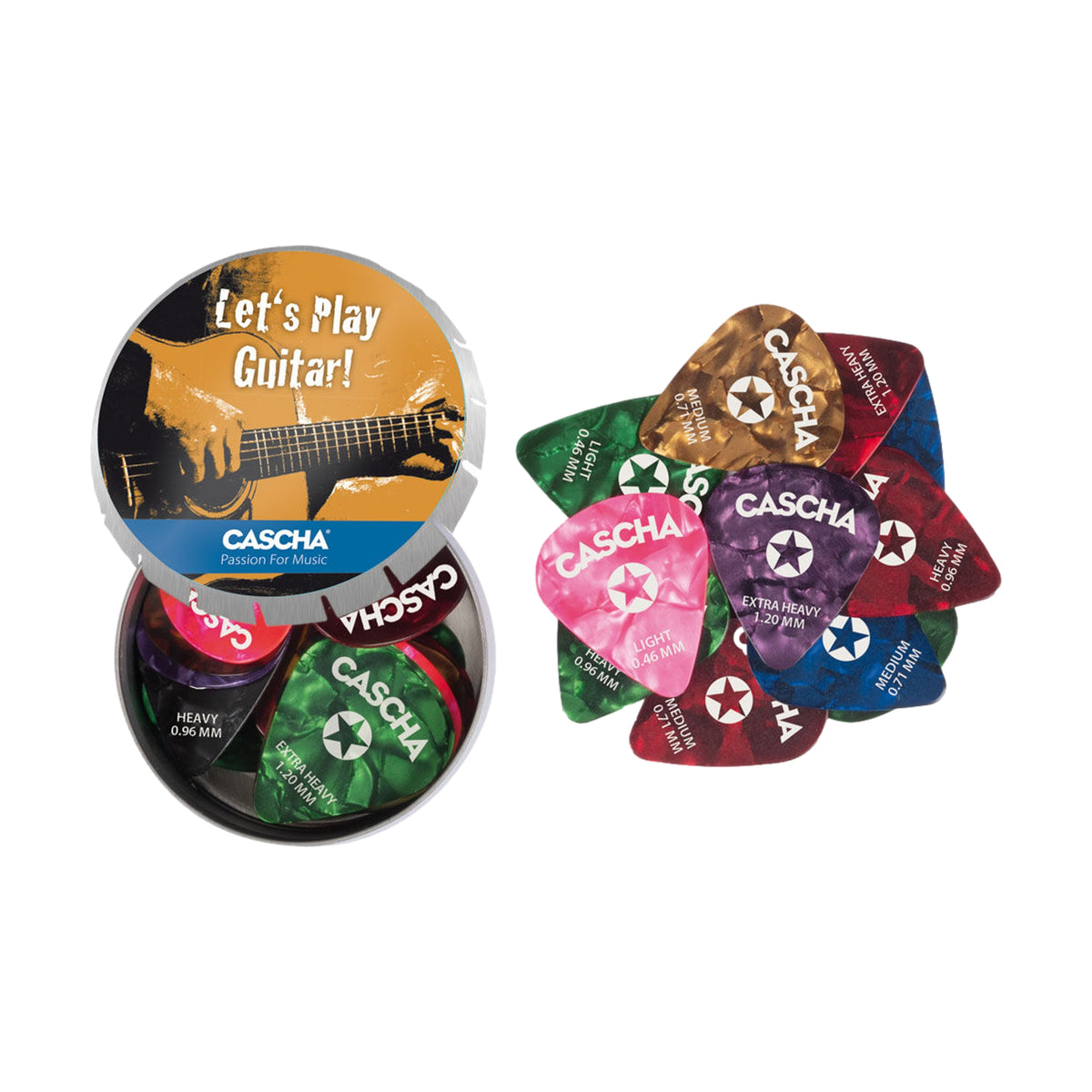 Cascha Metal Tin of 24 Assorted Celluloid Guitar Picks Light, Medium and Heavy