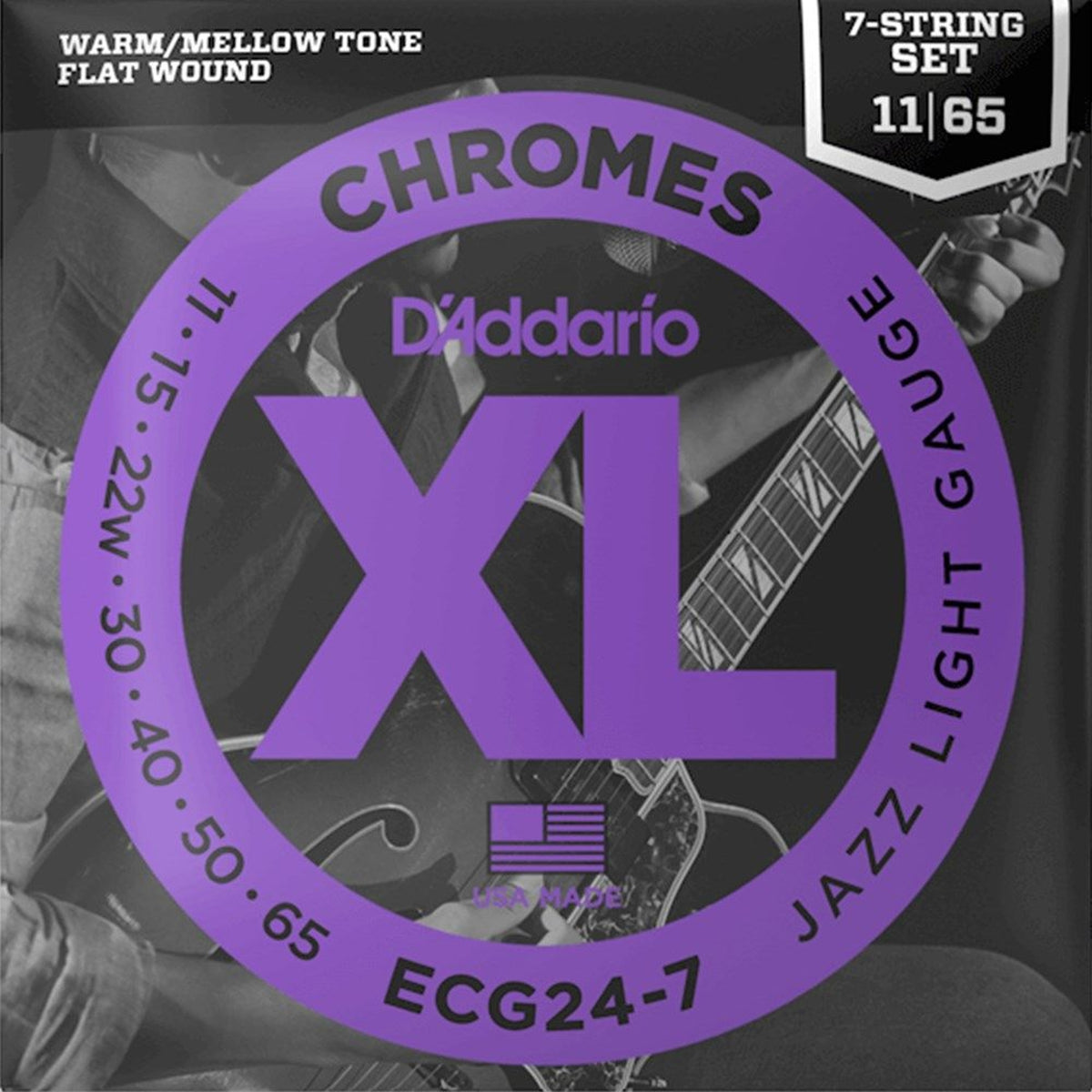 D'Addario ECG24-7 XL Chromes Flatwound Electric Strings 7-String Jazz Light 11-65