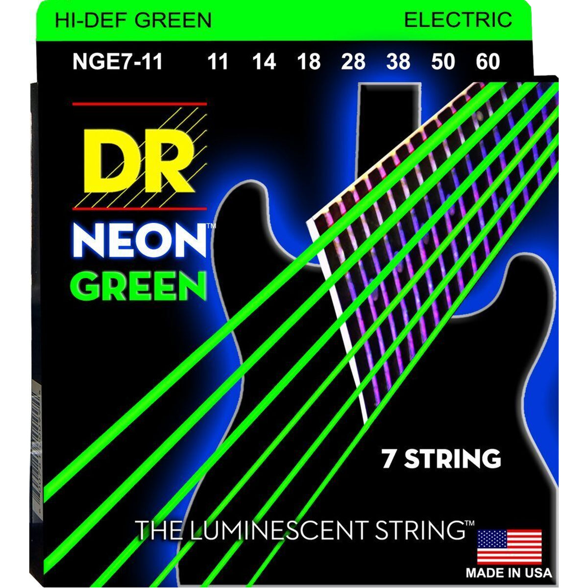 DR Neon NGE7 Hi Def Neon Green Electric Guitar Strings Heavy 11-60