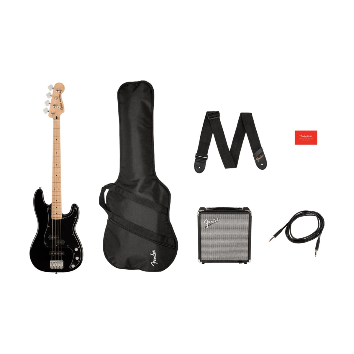 Fender Squire Affinity Series Precision Bass PJ Pack Black Rumble 15 Amp Gig Bag Strap Lead