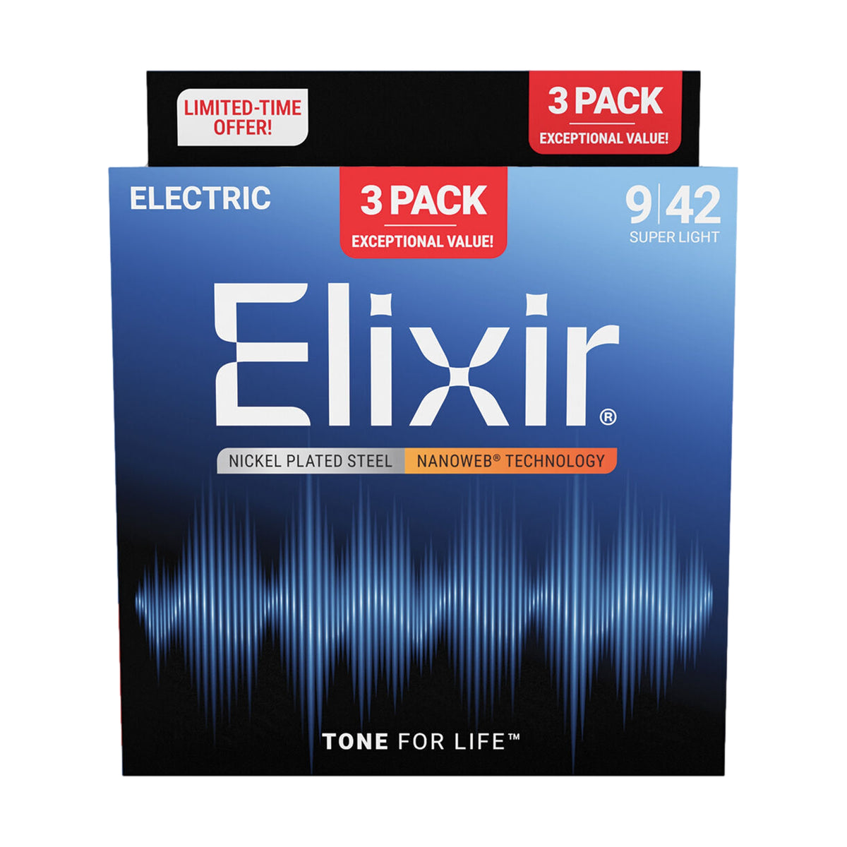 Elixir 16566 Nanoweb Electric 9-42 Electric Guitar Strings 3 Pack Super Light 16540