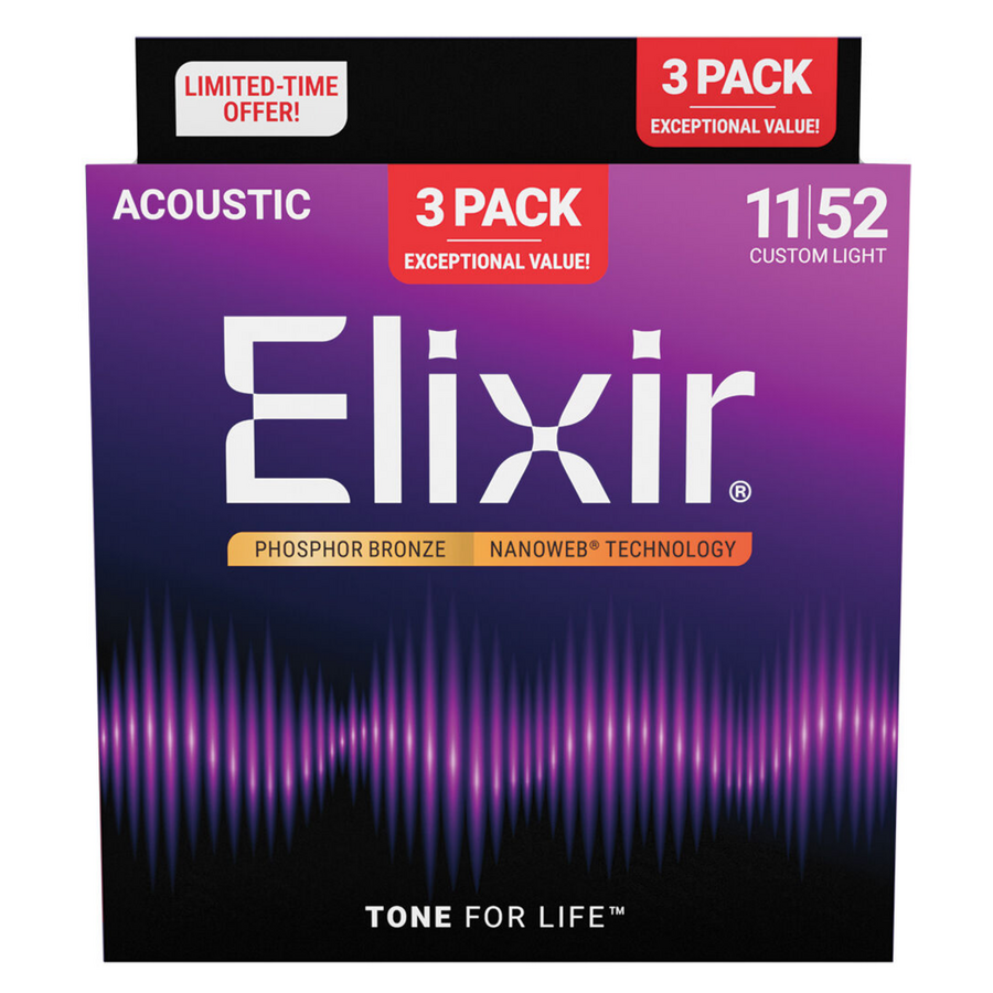 Elixir 16568 Nanoweb Phosphor Bronze 11-52 Custom Light Acoustic Guitar Strings 3 Pack