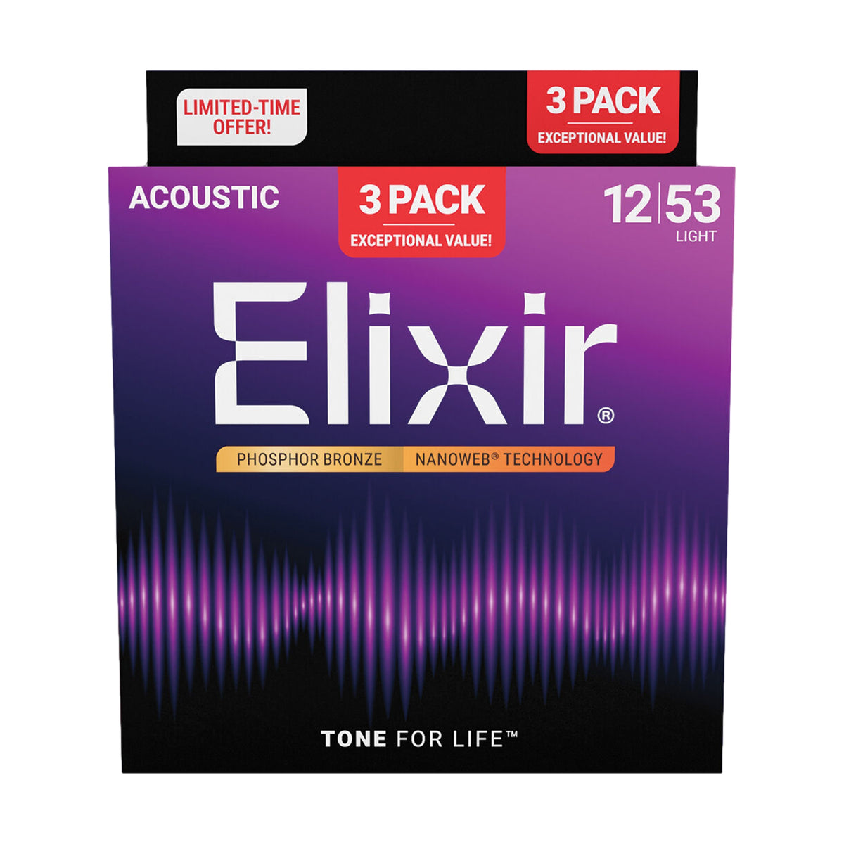 Elixir 16569 Nanoweb Phosphor Bronze 12-53 Light Acoustic Guitar Strings 3 Pack 16545
