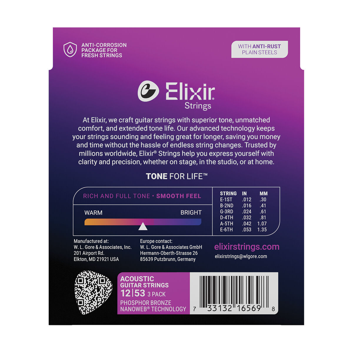 Elixir 16569 Nanoweb Phosphor Bronze 12-53 Light Acoustic Guitar Strings 3 Pack 16545