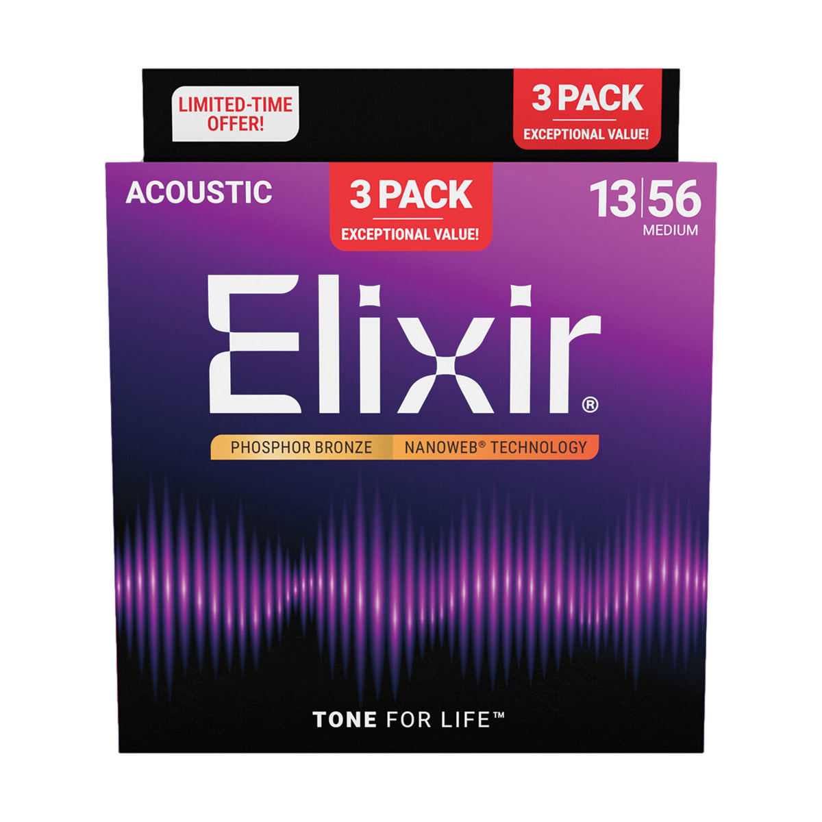 Elixir 16570 Nanoweb Phosphor Bronze Acoustic Guitar Strings 13-56 3 Pack Medium