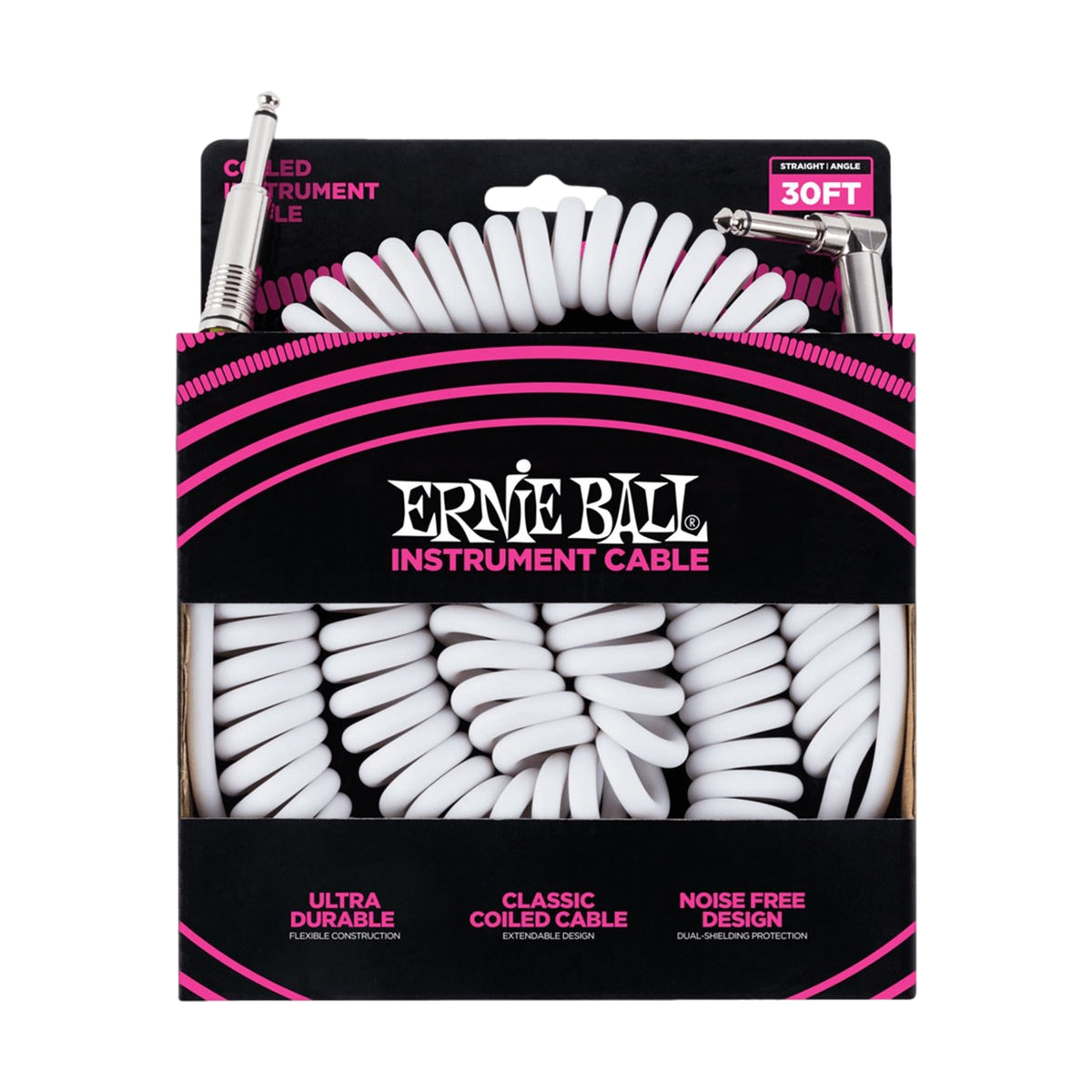 Ernie Ball 30 Foot Coiled Straight to Angle Instrument Cable White