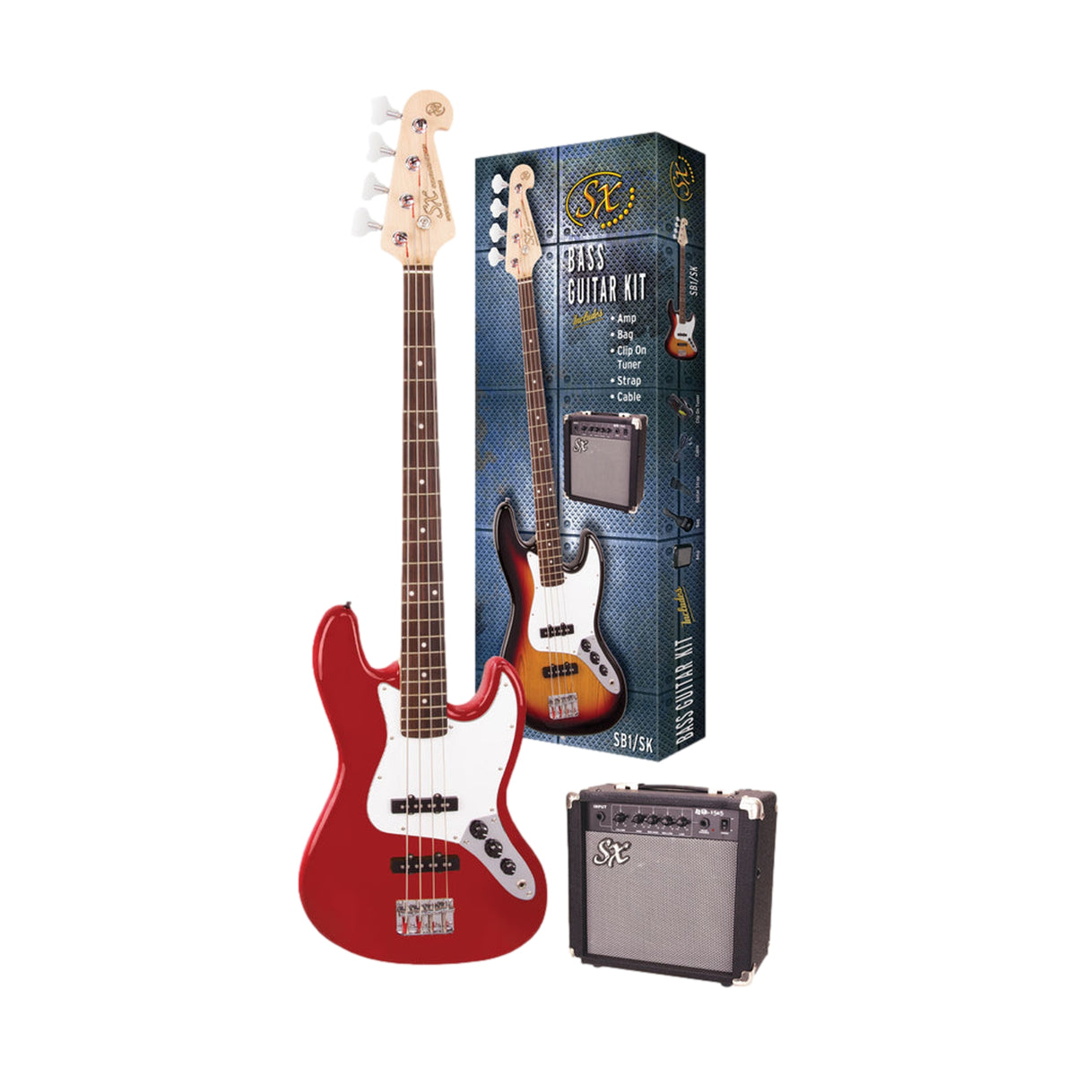 SX Bass Guitar and Amplifier Package Candy Apple Red SB1SKCAR