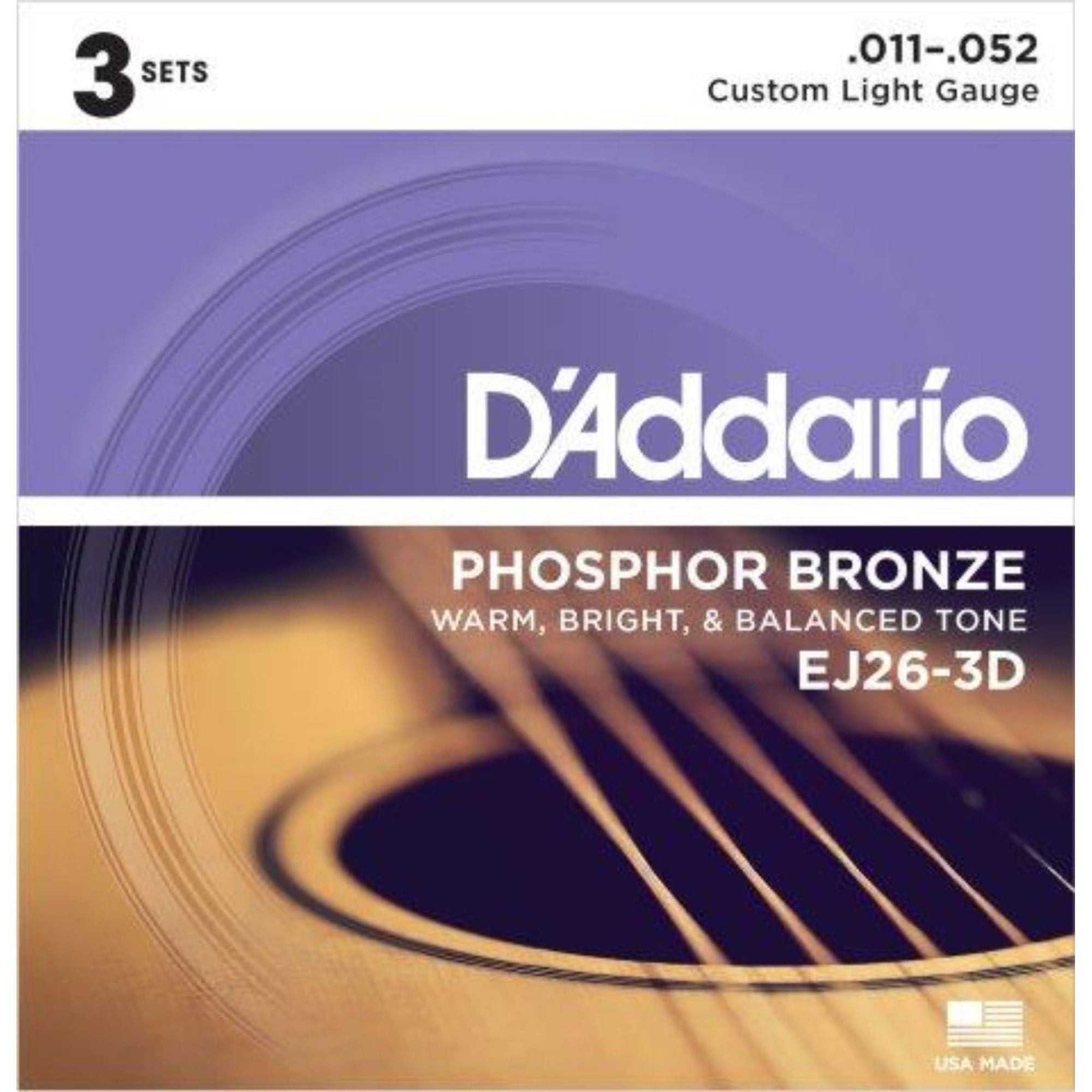 The D'Addario EJ26 Acoustic Guitar String Set, also Referred to as Custom Light, EJ26 strings are a D'Addario original hybrid gauge and a comfortable compromise for players who want the depth and projection of light gauge bottom strings, but slightly less tension on the high strings for easy bending. 