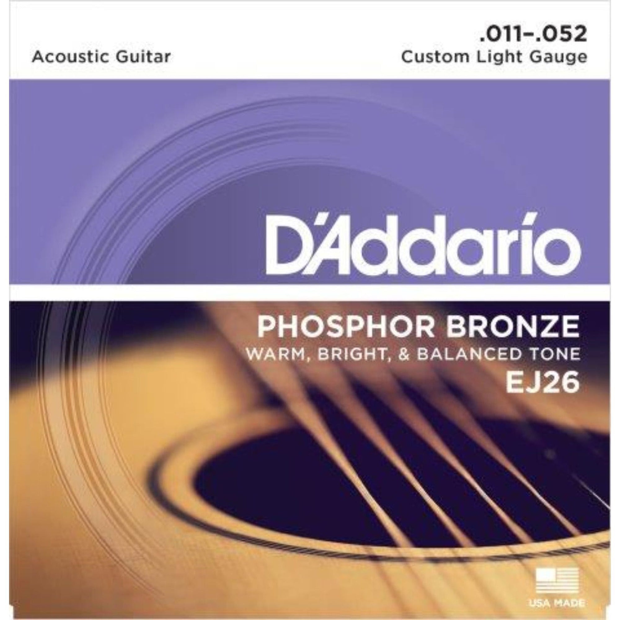 Referred to as Custom Light, EJ26 strings are a D'Addario original hybrid gauge and a comfortable compromise for players who want the depth and projection of light gauge bottom strings, but slightly less tension on the high strings for easy bending.