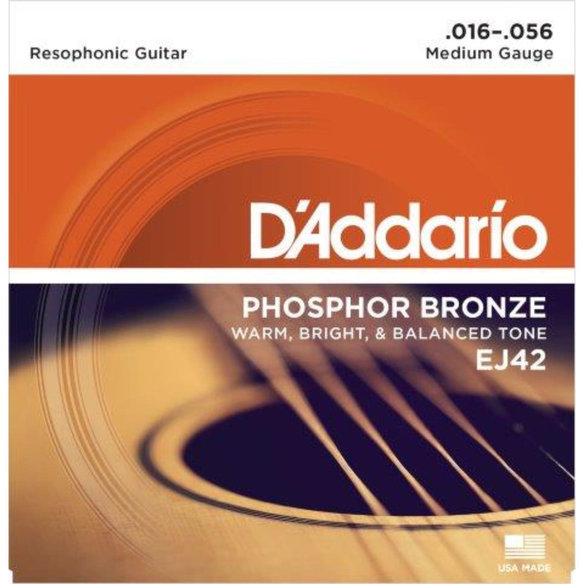 The D'Addario EJ42 Resonator Guitar 6-string phosphor bronze Resophonic guitar strings offer a warm, well balanced acoustic tone, optimal resistance and comfortable feel.