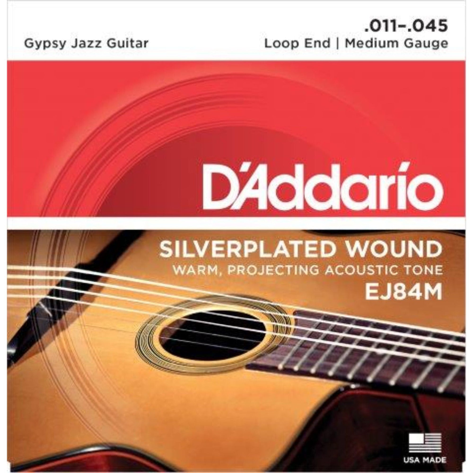 EJ84M loop end gypsy jazz acoustic guitar strings are designed and gauged for rhythm and strumming patterns associated with "Django", jazz-style guitar. 