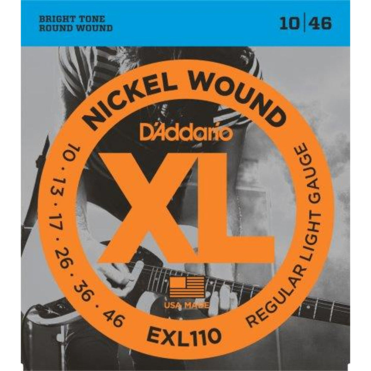 EXL110, D&#39;Addario&#39;s best selling set, offers the ideal combination of tone, flexibility and long life. The standard for most electric guitars.
