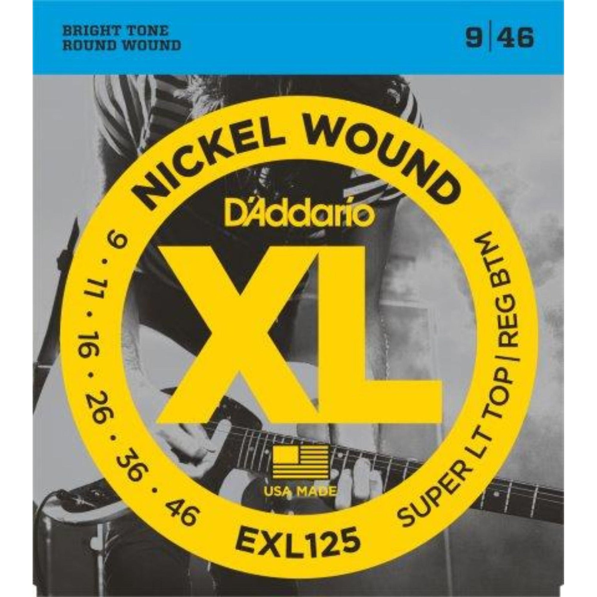 EXL125 is D'Addario's best selling hybrid set, combining the high strings from an EXL120 (.009) with the low strings from an EXL110 (.046). The result is a set with strong fundamental low end, but with super flexibility on the high strings.